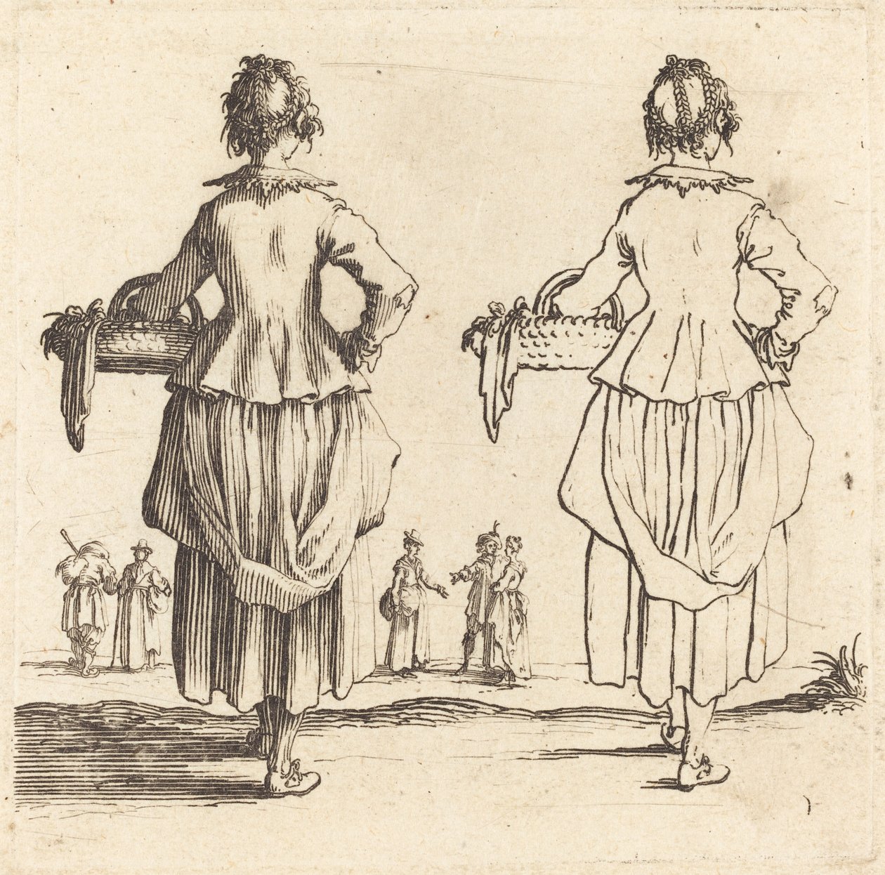 Bonde kvinde med kurv, set bagfra af Jacques Callot