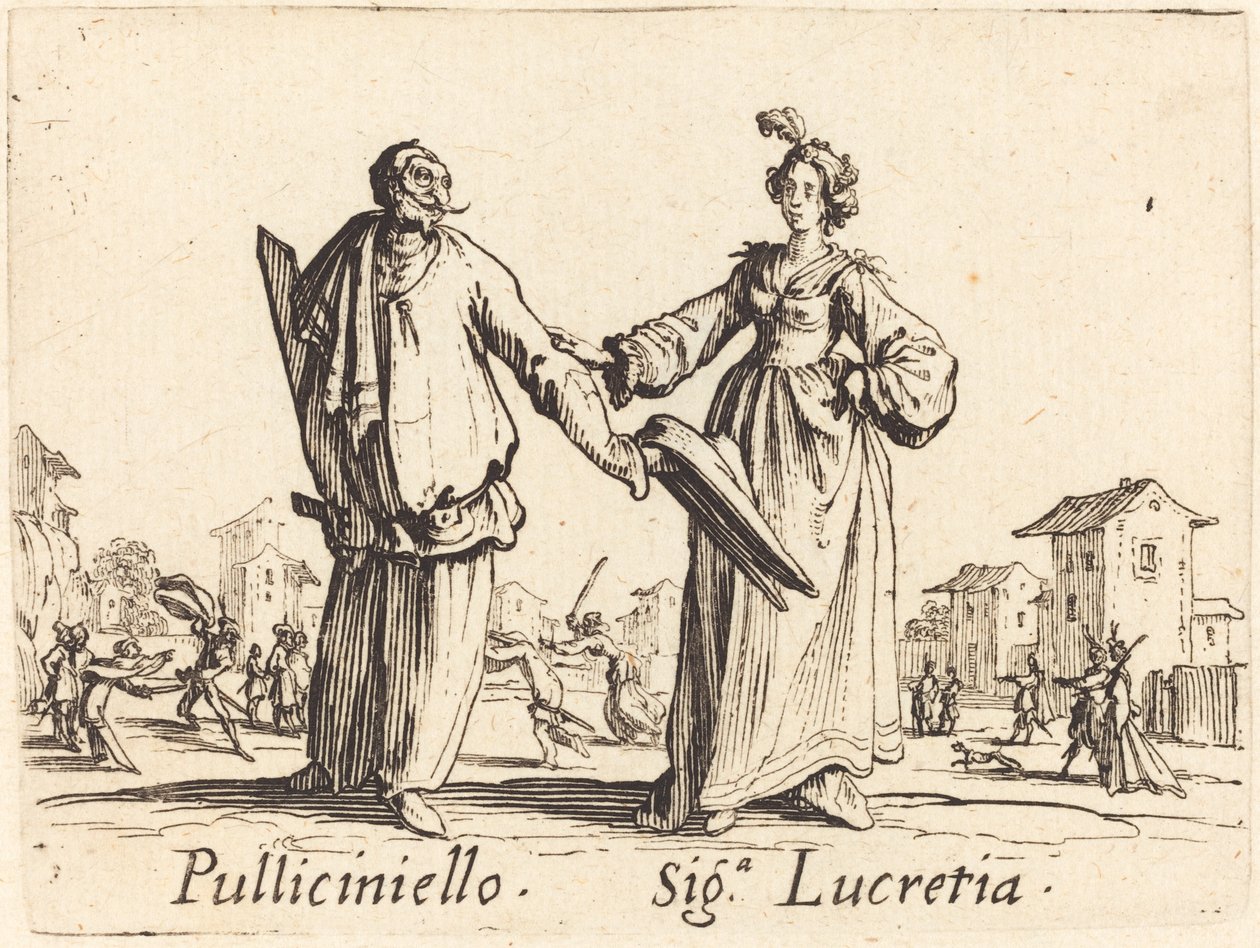 Pulliciniello og Siga. Lucretia af Jacques Callot
