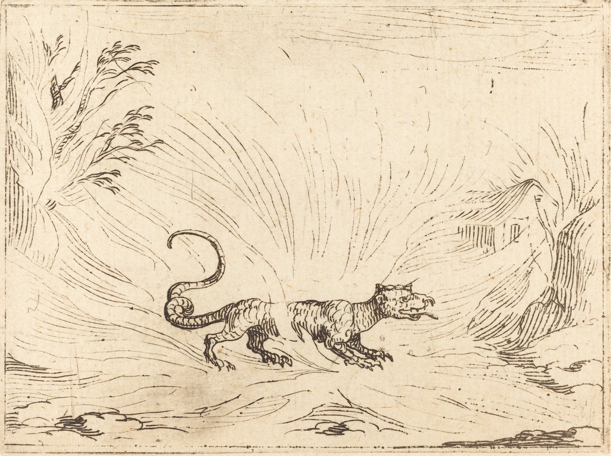 Salamander omgivet af flammer. af Jacques Callot