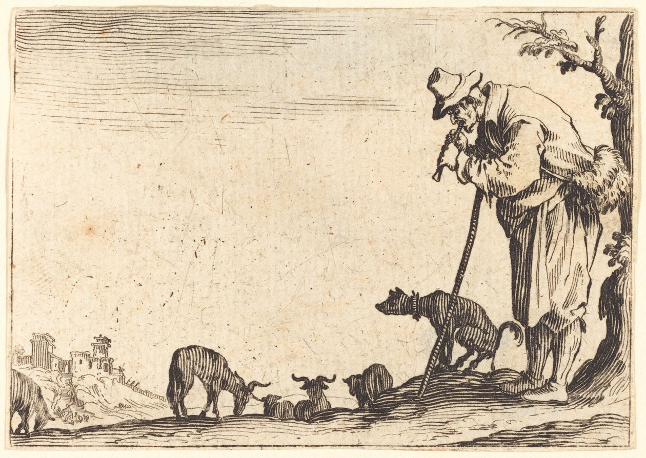 Hyrde, der spiller fløjte af Jacques Callot