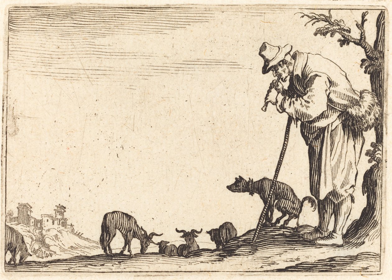 Hyrde, der spiller fløjte af Jacques Callot
