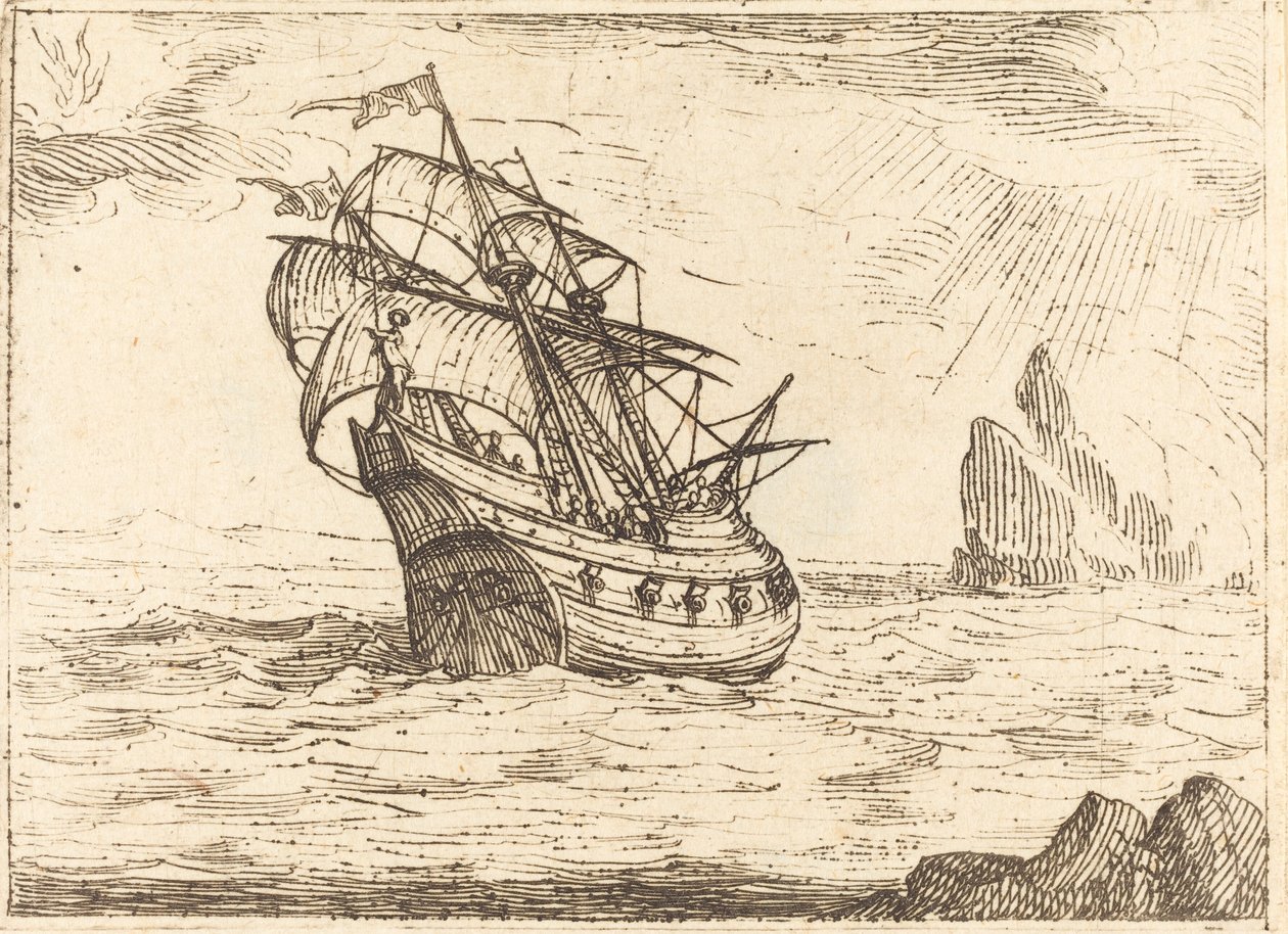 Skib, der navigerer i nærheden af klipper. af Jacques Callot