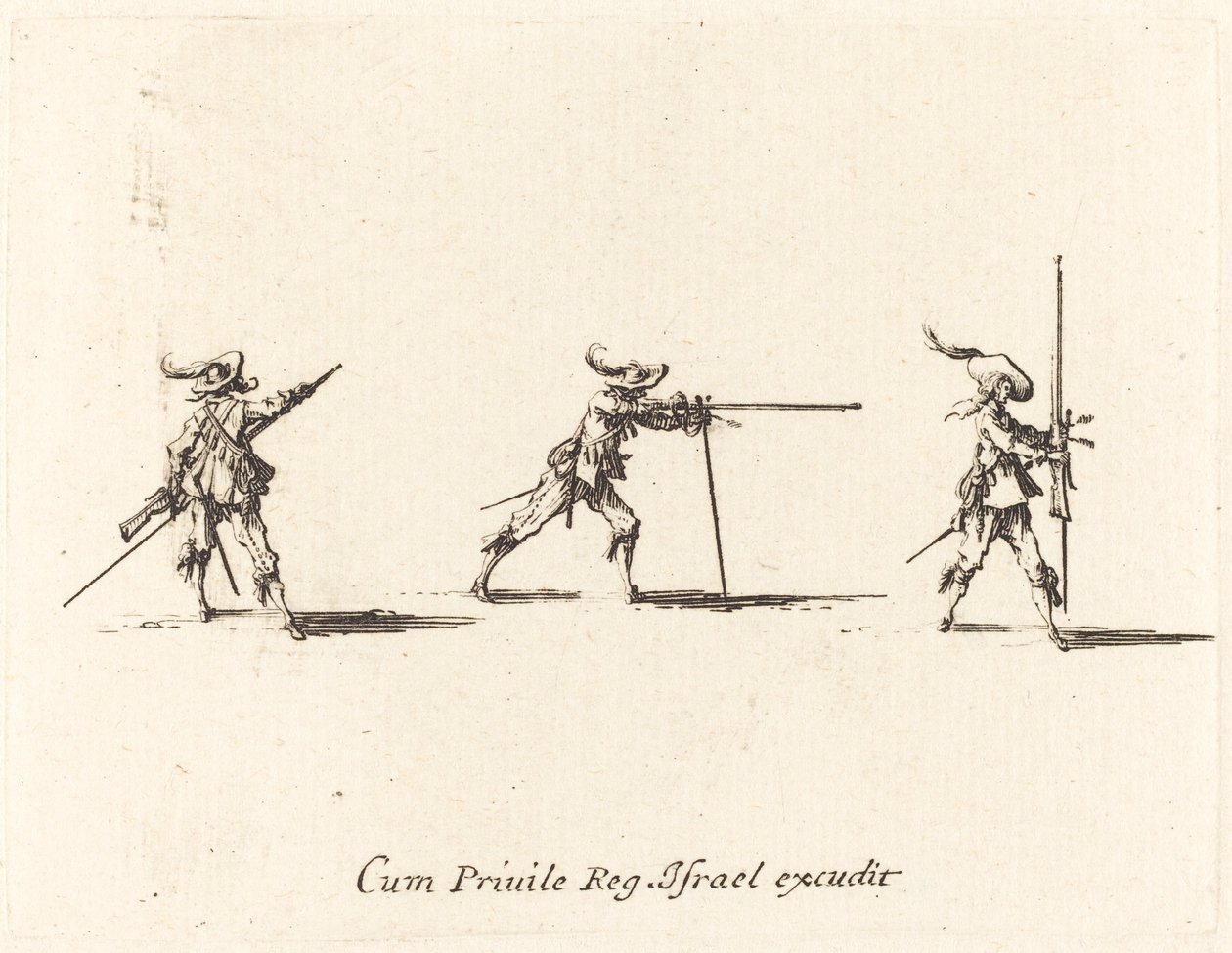 Indtagelse af skudposition med musketten af Jacques Callot
