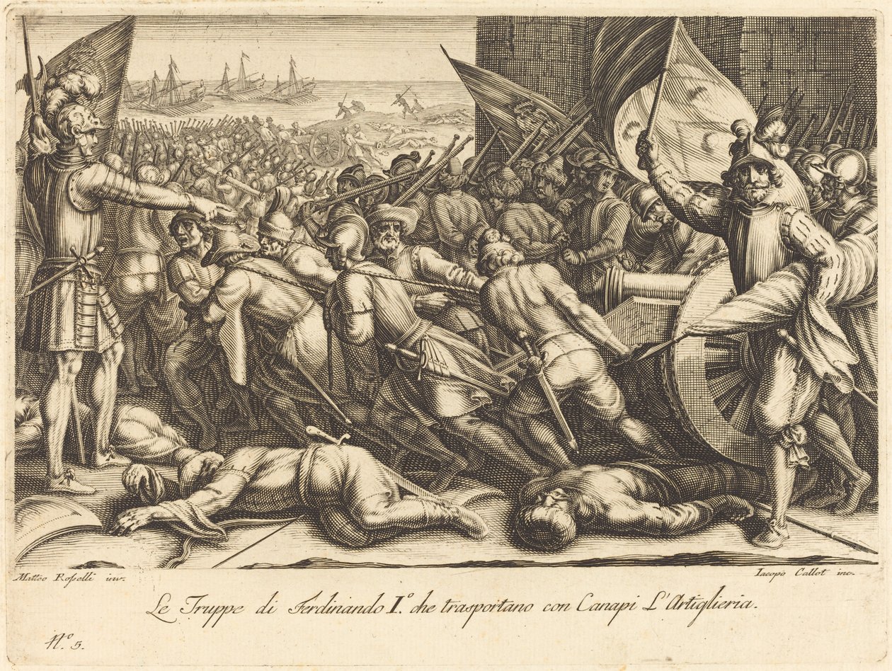 Troppernes genindskibning, ca. 1614. af Jacques Callot