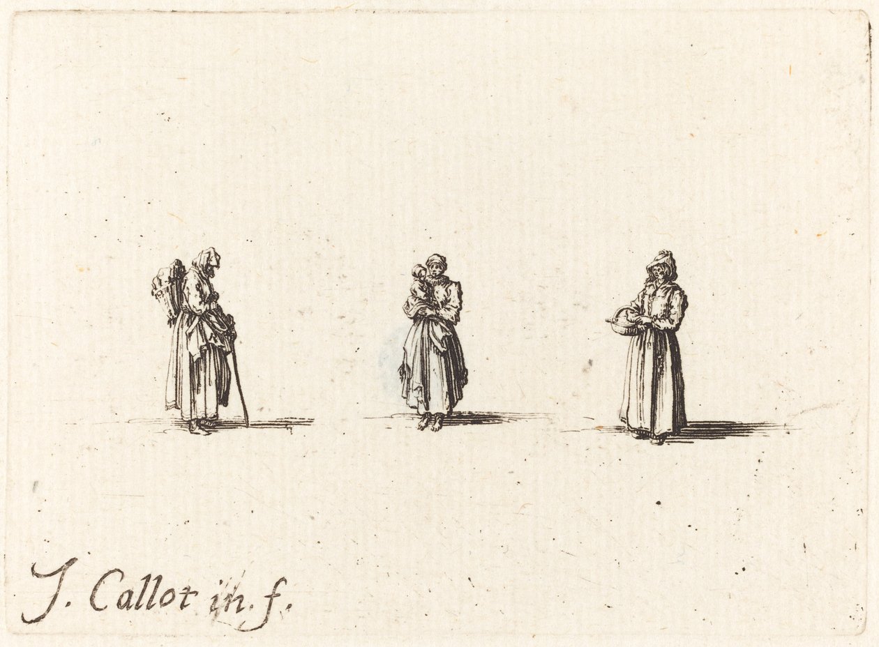 Tre kvinder, den ene holder et barn af Jacques Callot