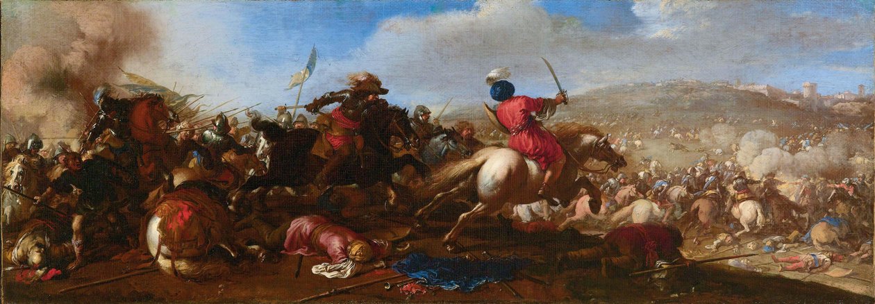 Kampscene mellem tyrkere og kristne. af Jacques Courtois