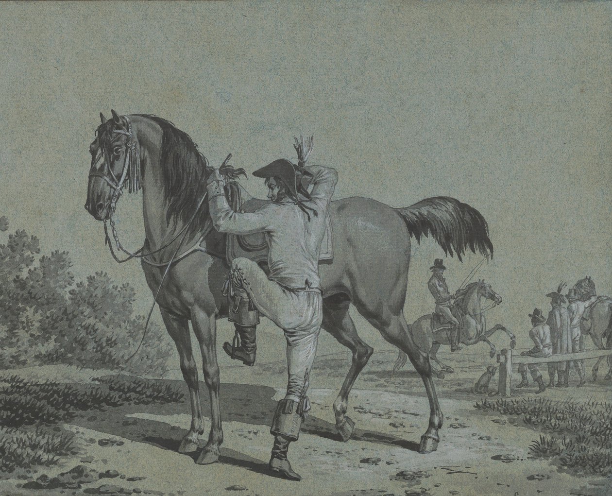 Mand, der sætter op på en hest,. af Jacques Francois Joseph Swebach