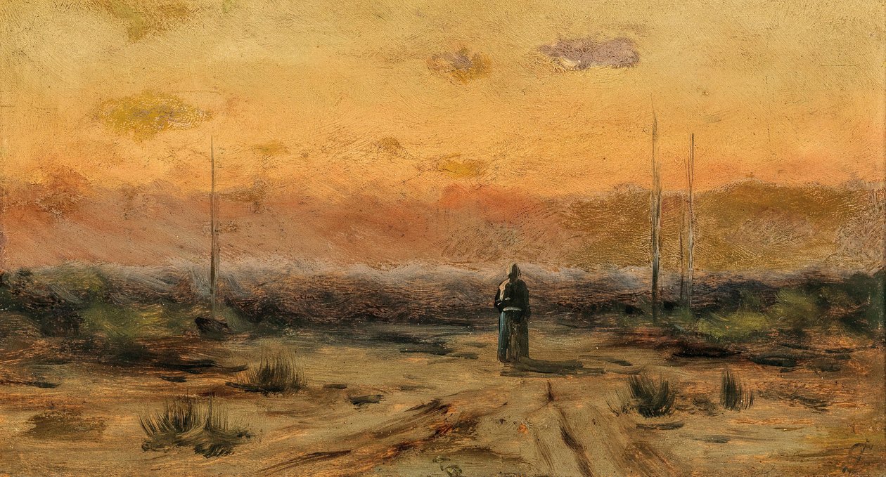 Kvinde på kysten ved solopgang. af Jakub Schikaneder