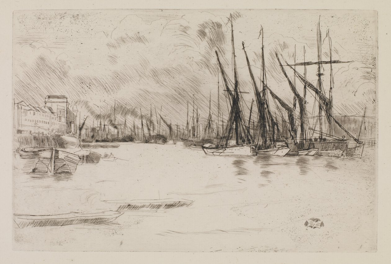 Fra Pickle-Herring Stairs, ca. 1878 (ætsning og tørnål på papir) af James Abbott McNeill Whistler