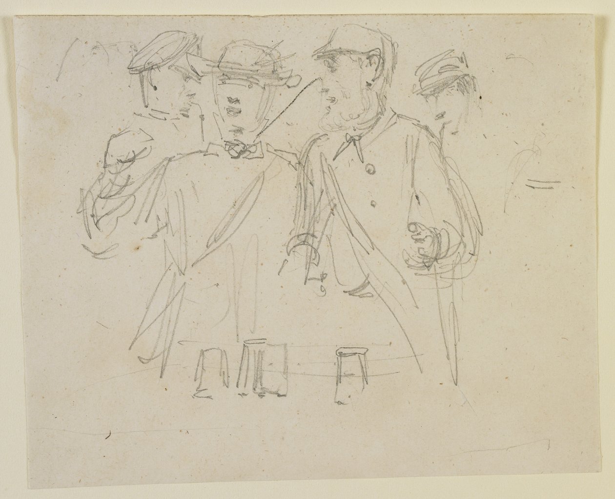Gruppe på fire mænd, 1858 (blyant på råhvidt vævet papir) af James Abbott McNeill Whistler