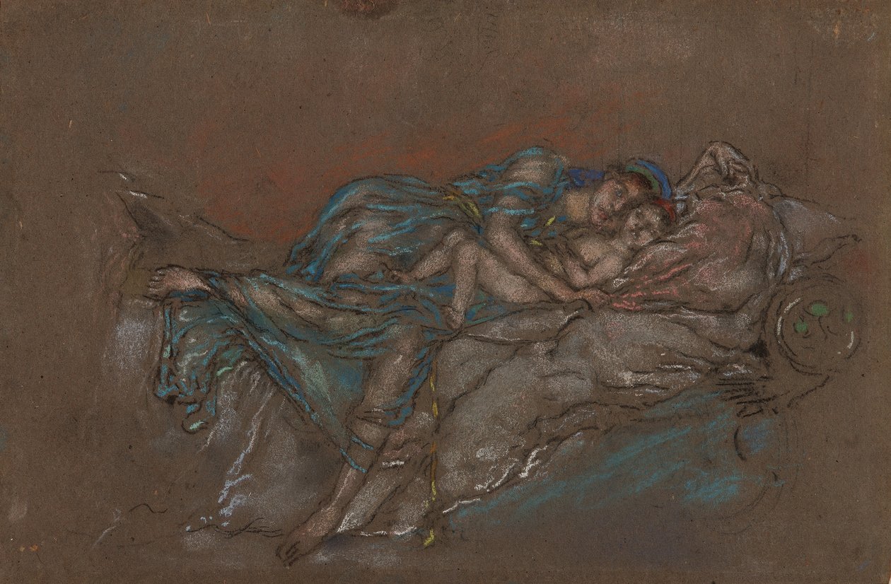 Mor og barn - Perlen, 189092 (kridt og pastel på gråt papir) af James Abbott McNeill Whistler