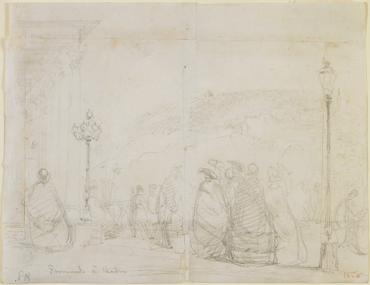 Promenade i Baden, 1858 (blyant på råhvidt vævet papir) af James Abbott McNeill Whistler