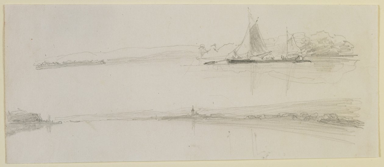 To scener ved en flod, 1858 (blyant på råhvidt vævet papir) af James Abbott McNeill Whistler