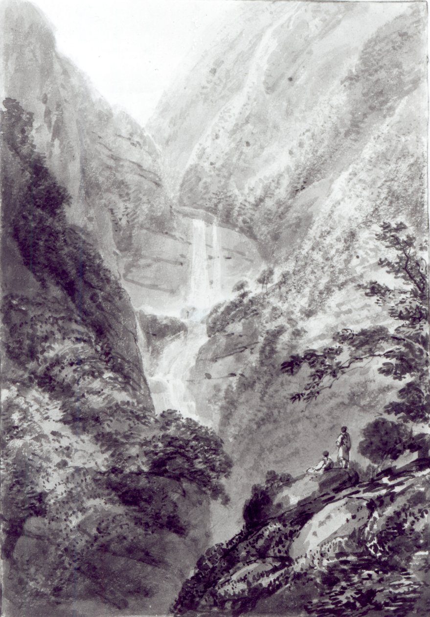 The Cascade of Minzapeezo, akvarel af Samuel Davies efter en gravering, ca. 1800 af James Basire