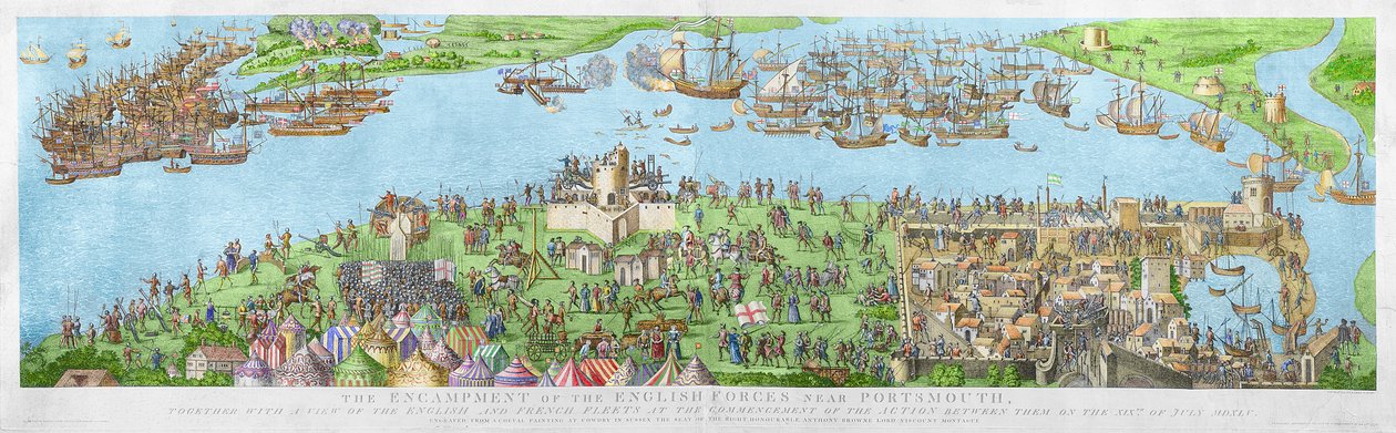 De engelske styrkers lejrplads nær Portsmouth under slaget ved Solent, 1778 (gravering) (senere farvelægning) af James Basire
