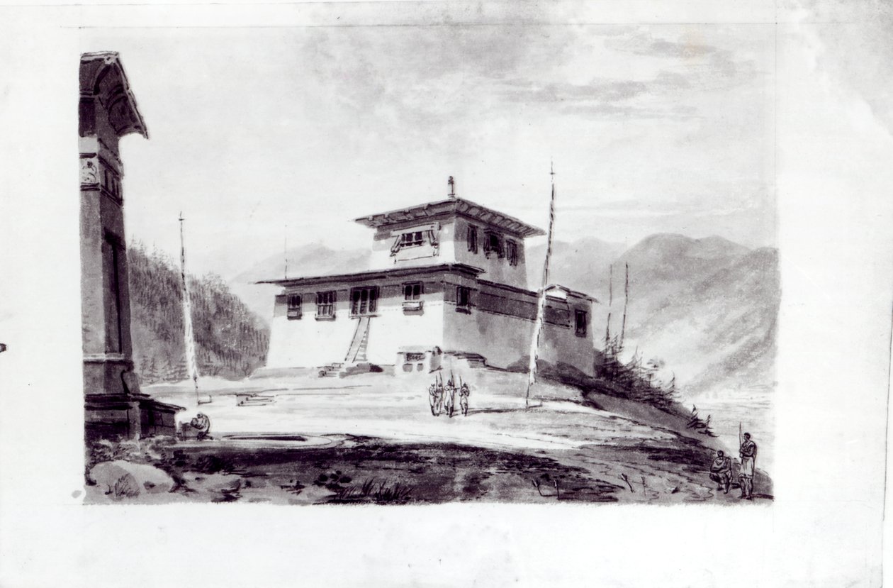 The Residence of Lam Glassa-too, akvarel af Samuel Davies efter en gravering af James Basire
