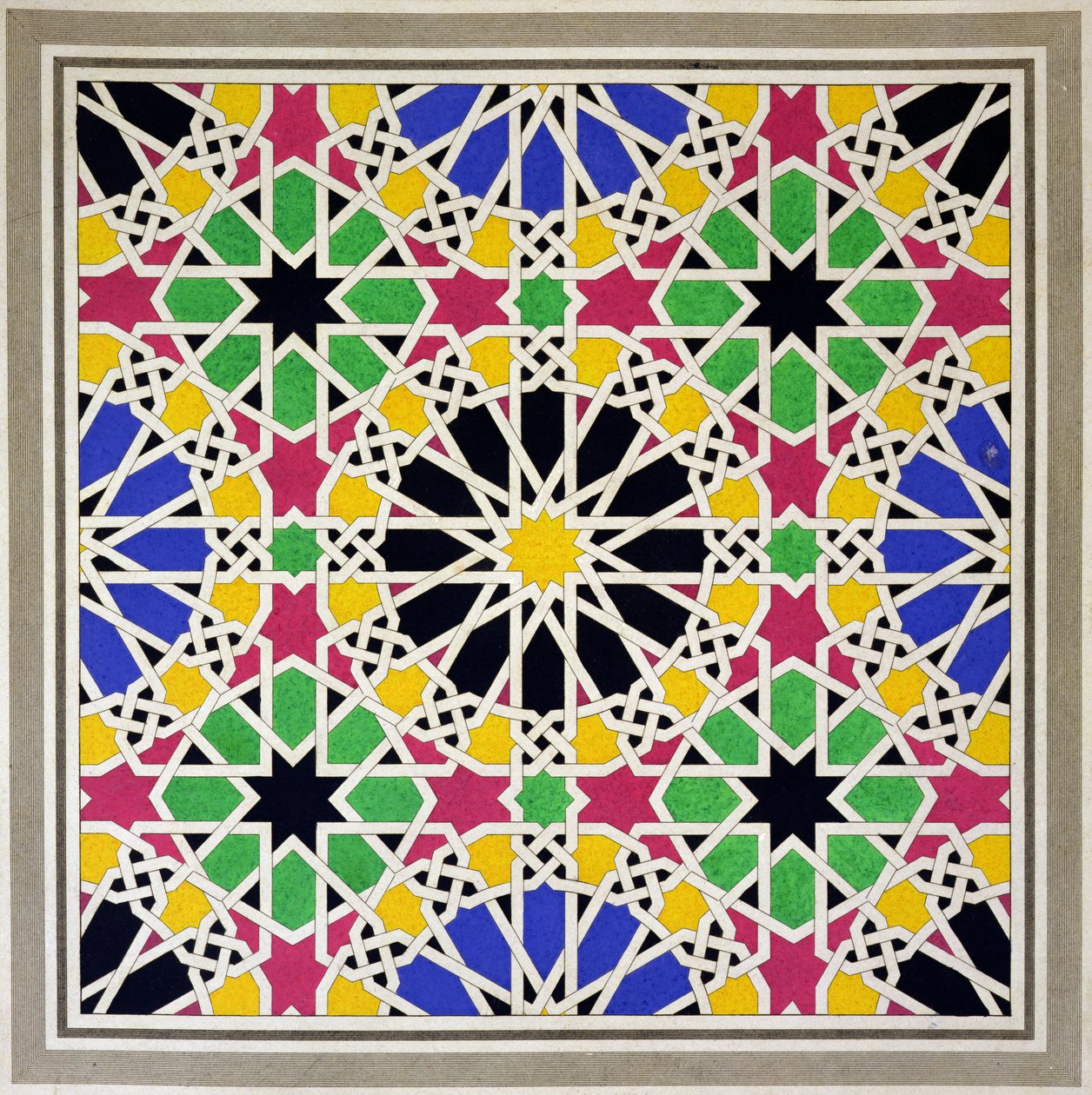 Mosaikornament i sydsiden af løvernes gård, Alhambra, fra "The Arabian Antiquities of Spain", udgivet i 1815 af James Cavanagh Murphy