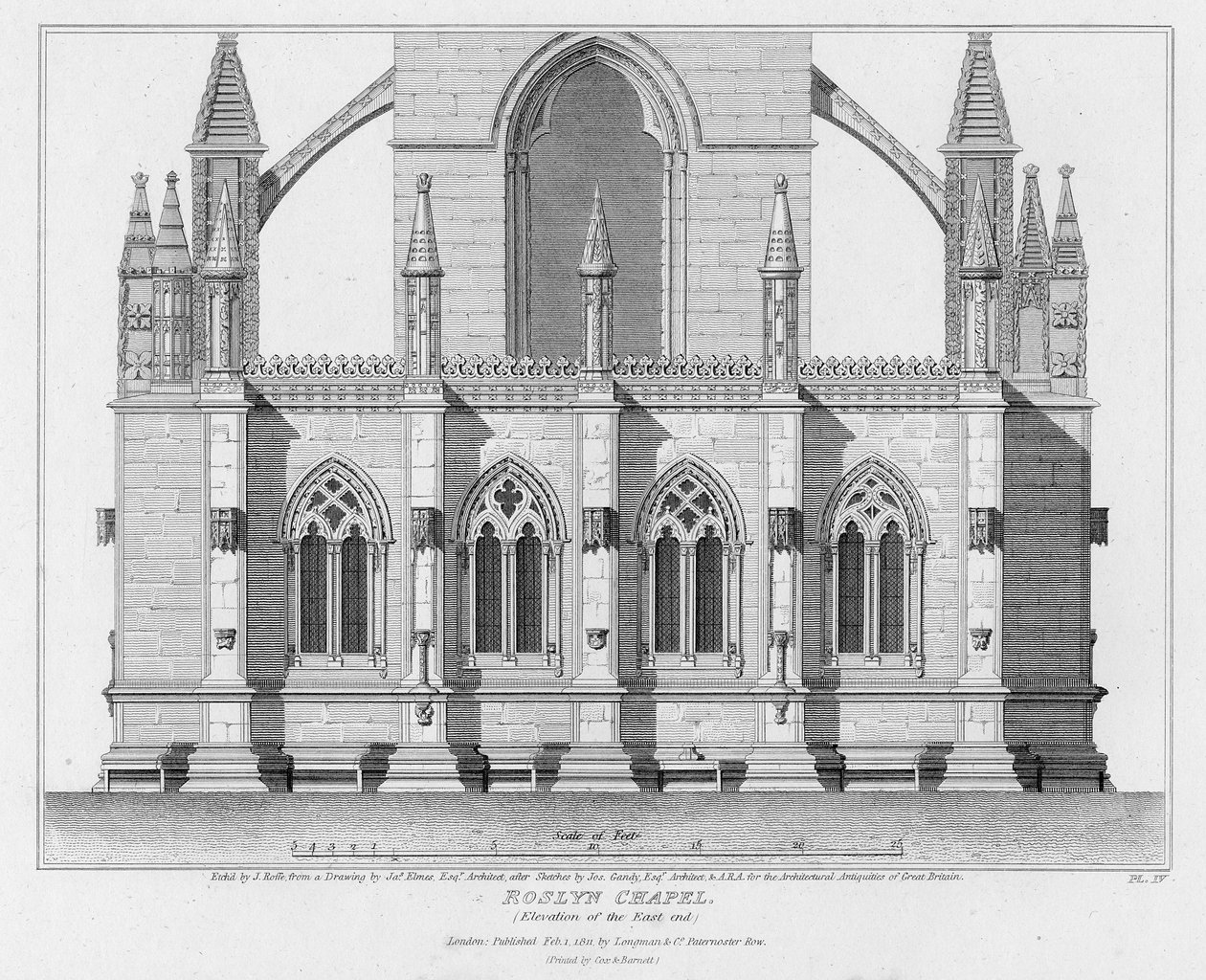 Roslyn Chapel, forhøjning af den østlige ende, indgraveret af J. Roffe, 1811 af James Elmes