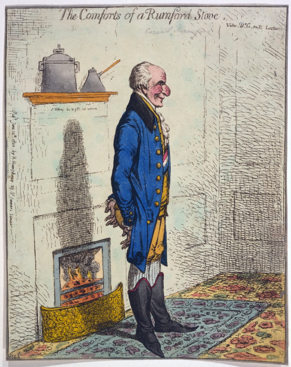 The Comforts of a Rumford Stove, pub. 1800 (håndfarvet gravering) af James Gillray