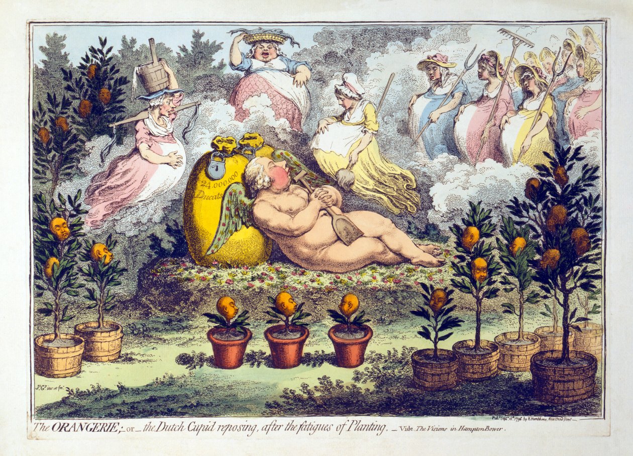 The Orangerie - or - The Dutch Cupid reposing after the fatigues of Planting, udgivet 1796 (håndkoloreret stik) af James Gillray
