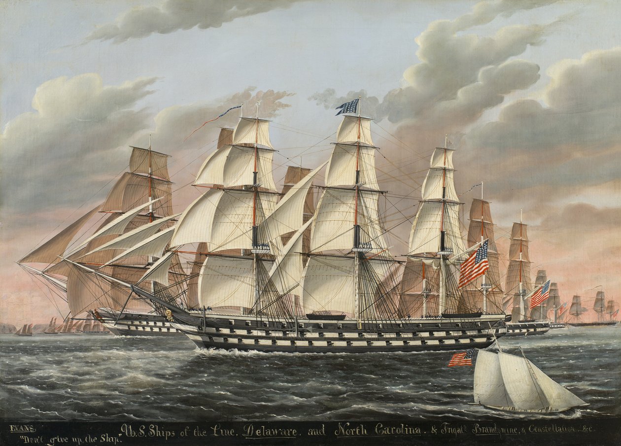 U.S. Ships-of-the-Line og fregatter Delaware og North Carolina, Brandywine og Constellation, 1848 af James Guy Evans