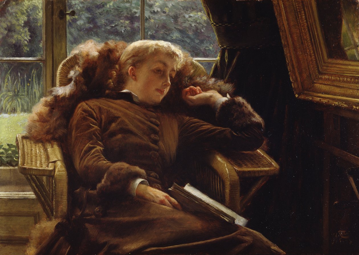 Dagdrøm: Mrs. Newton tilbagelænet i en stol af James Jacques Joseph Tissot
