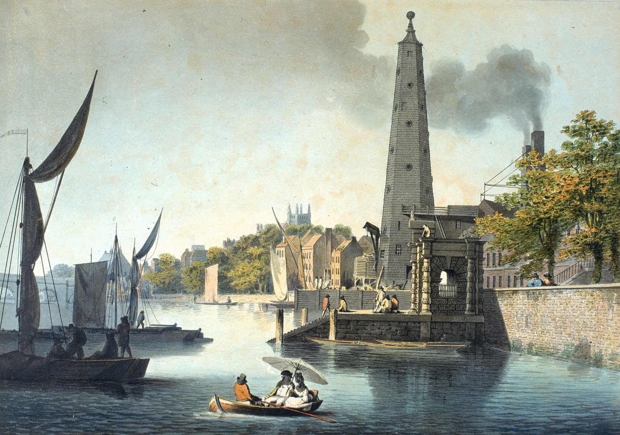 Themsen ser mod Westminster med York Water Gate og York Building Water Works (wc på papir (vævet)) af James Malton