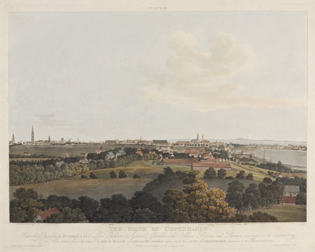 Danmark 1807: Belejringen af København, graveret af Robert Pollard (1792-1876) og Joseph Constantine Stadler (1780-1812) udgivet i 1807 (farveakvatint) af James Pattison Cockburn