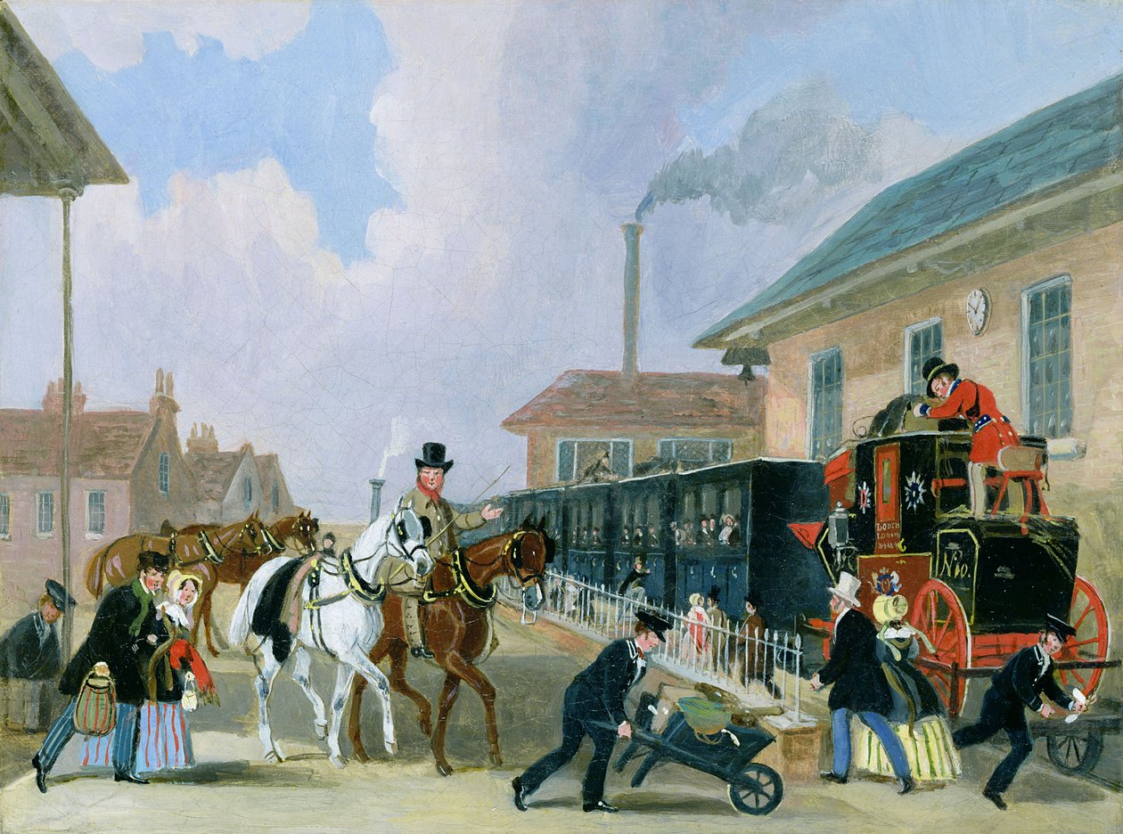 Den kongelige post fra Louth til London med tog fra Peterborough East i december 1845 (efter konservering) af James Pollard