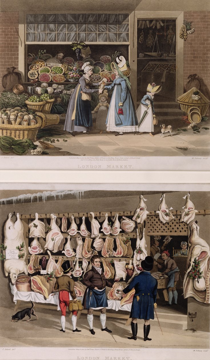 Kødboden og frugtboden fra London Markets, indgraveret af M. Dubourg, 1822 af James Pollard