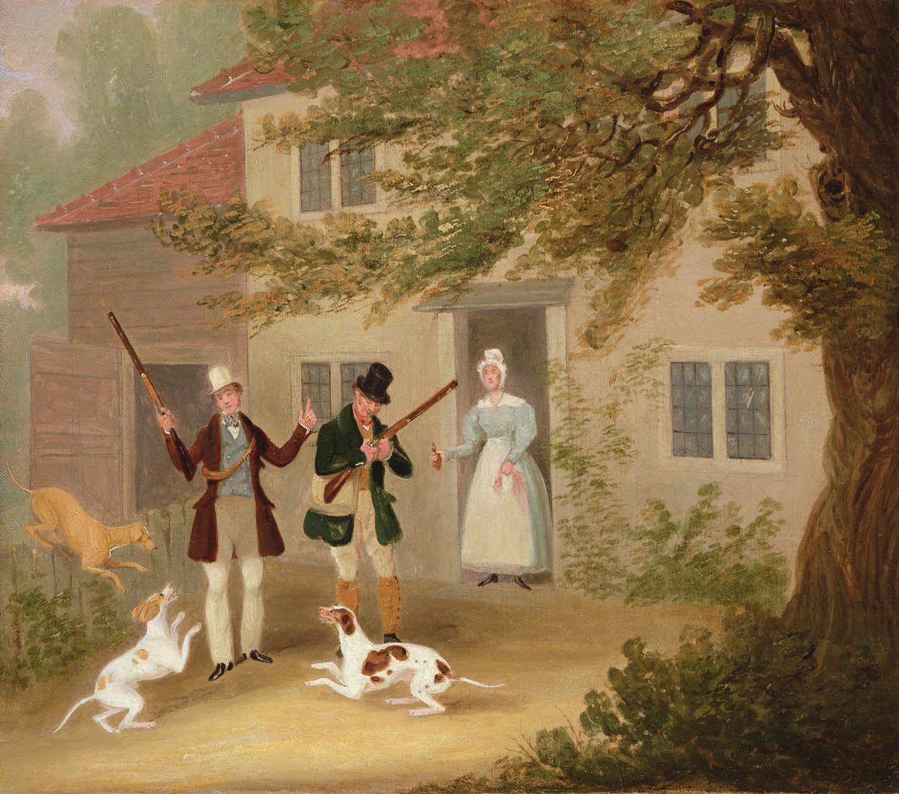To idrætsudøvere med pegepinde på vej ud fra et sommerhus, ca. 1830 af James Pollard