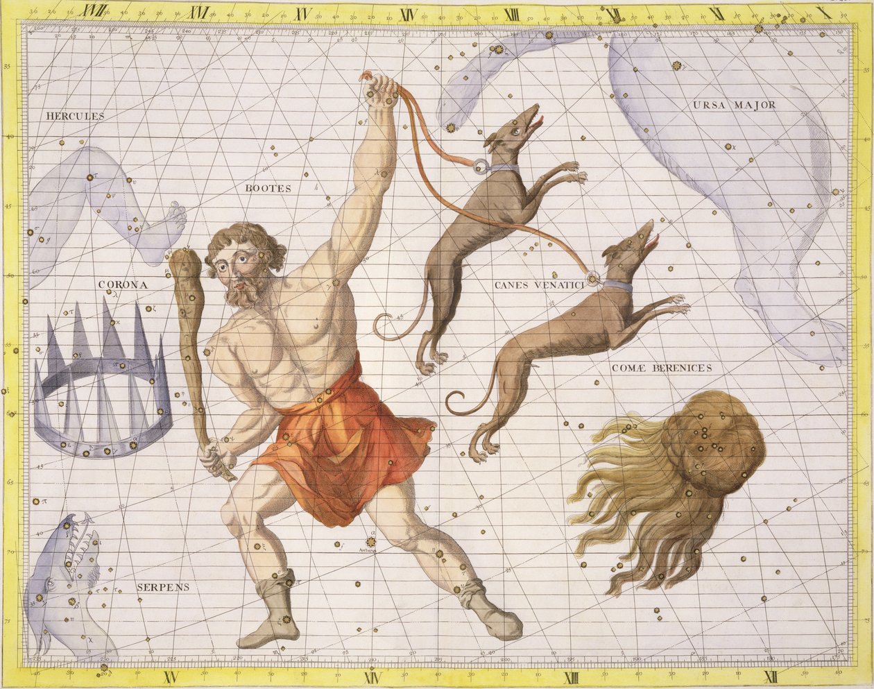 Stjernebilledet Bootes, planche 20 fra "Atlas Coelestis", af John Flamsteed (1646-1710), udgivet i 1729 (håndkoloreret stik) af James Thornhill