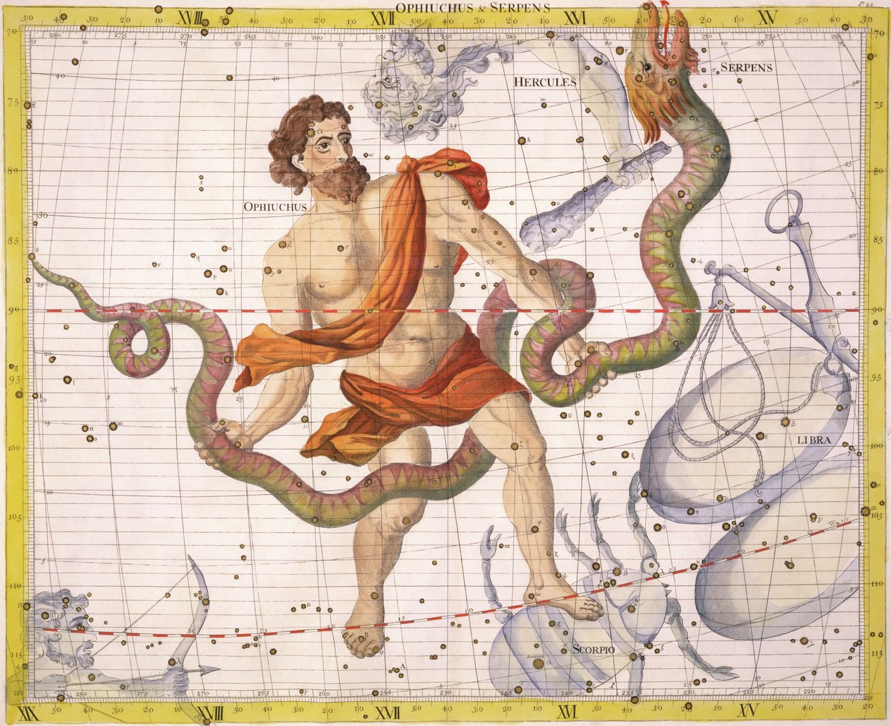 Stjernebilledet Ophiucus og Serpens, planche 22 fra "Atlas Coelestis", af John Flamsteed (1646-1710), udgivet i 1729 (håndkoloreret stik) af James Thornhill