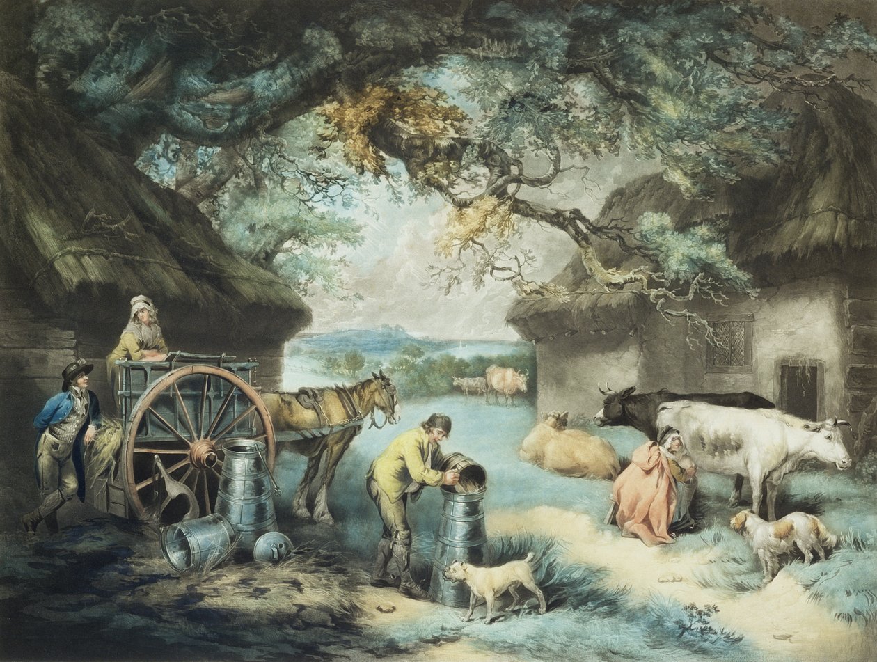 The Dairy Farm, indgraveret af kunstneren, pub. af R. Ackermann, 1801 (mezzotintgravering) af James Ward