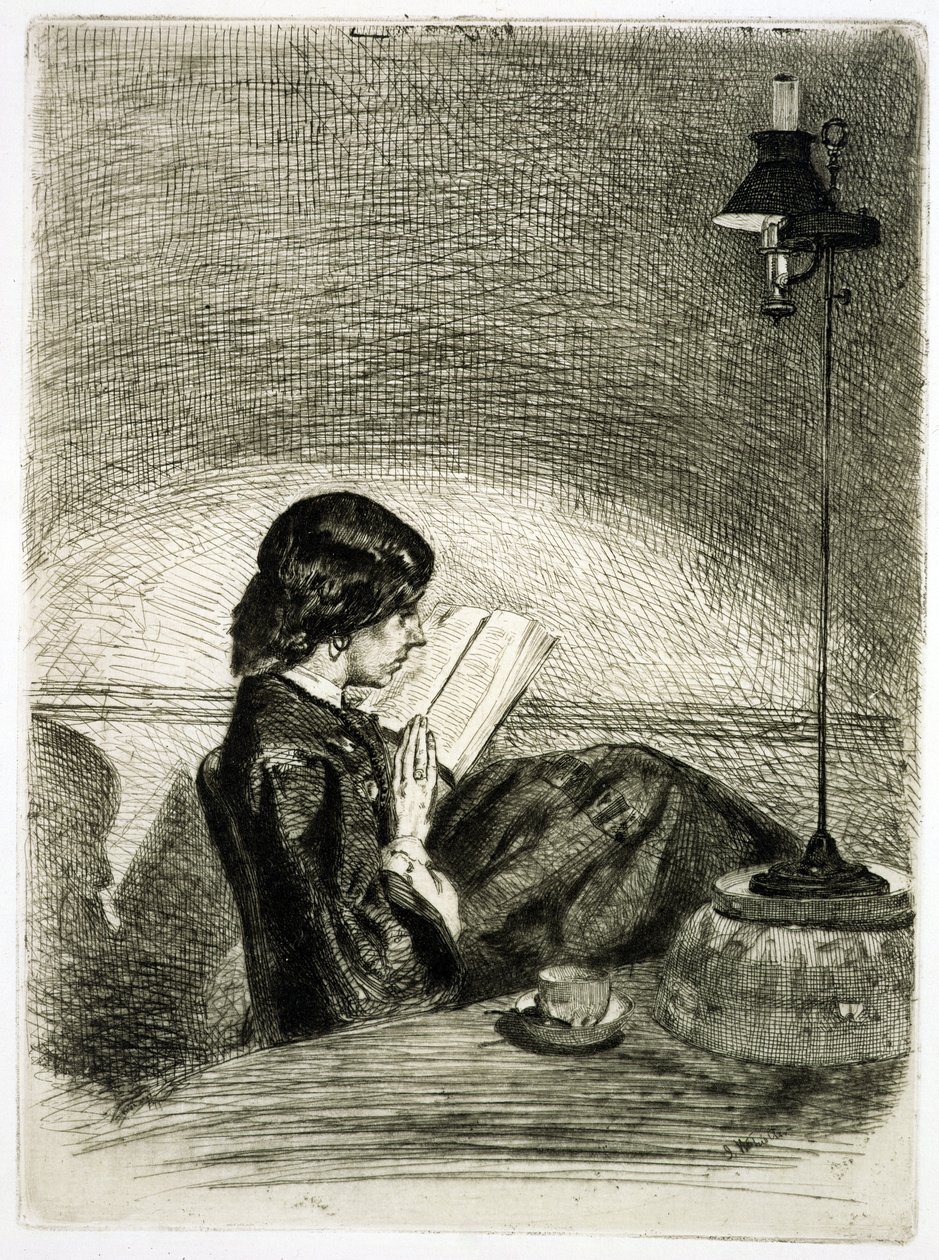 Læsning af Lamplight, 1858 af James Abbott McNeill Whistler