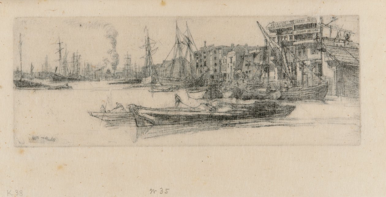 Thames Warehouses, 1859. af James Abbott McNeill Whistler