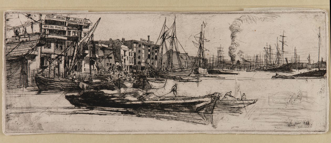 Thames Warehouses, 1859. af James Abbott McNeill Whistler