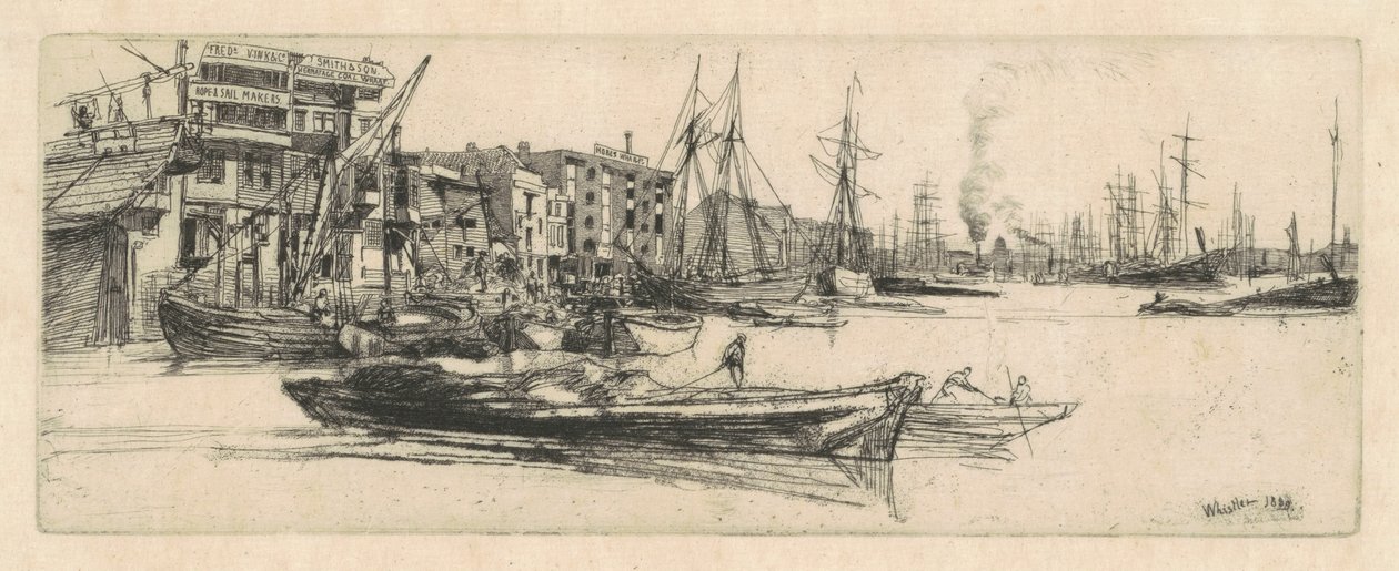 Thames Warehouses, 1859. af James Abbott McNeill Whistler