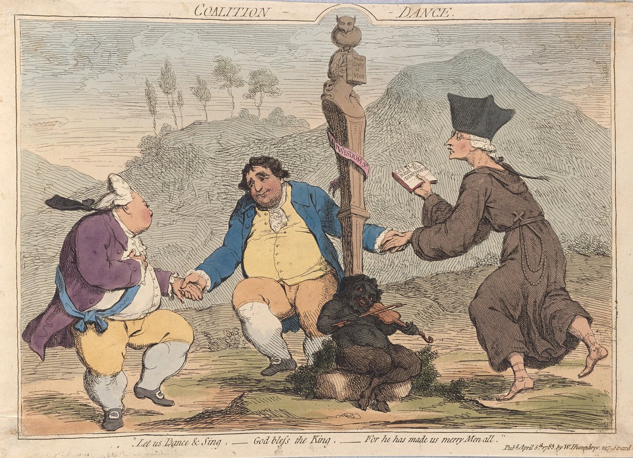 Koalitionsdans, pub. 1785 (håndfarvet gravering) af James Gillray