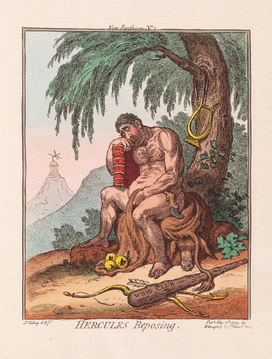 Hercules Reposing, pub. 1799 (håndfarvet gravering) af James Gillray