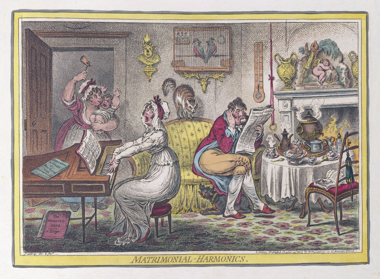 Matrimonial Harmonics, pub. 1805 (håndkolorerede graveringer) af James Gillray