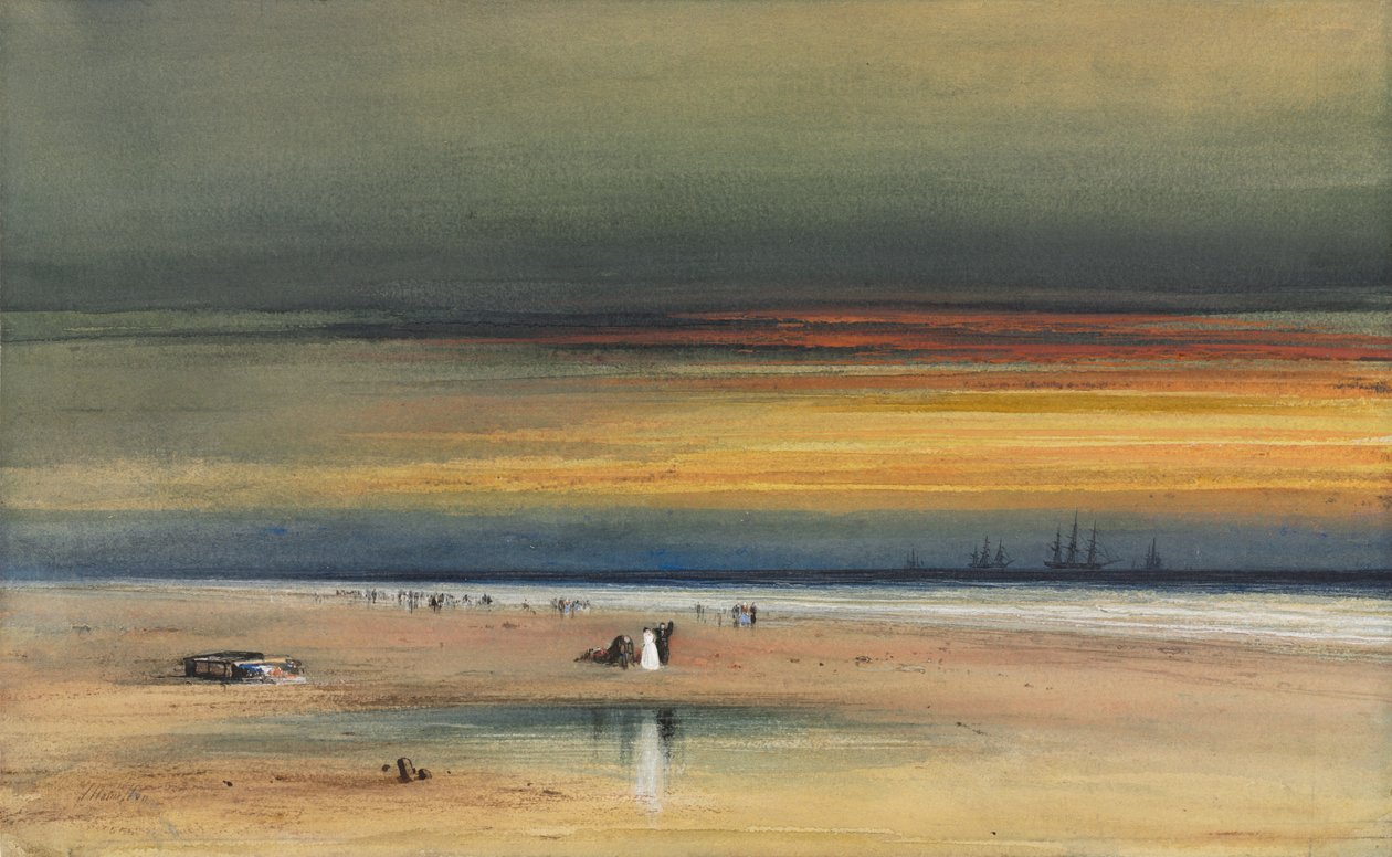 Strandscene ved solnedgang, ca. 1865-1870. af James Hamilton