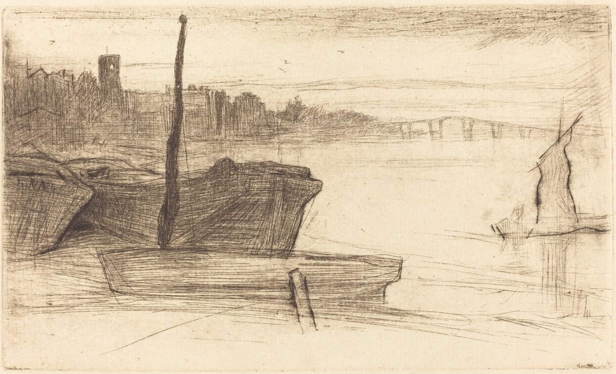 Chelsea Bridge og kirke af James Abbott McNeill Whistler