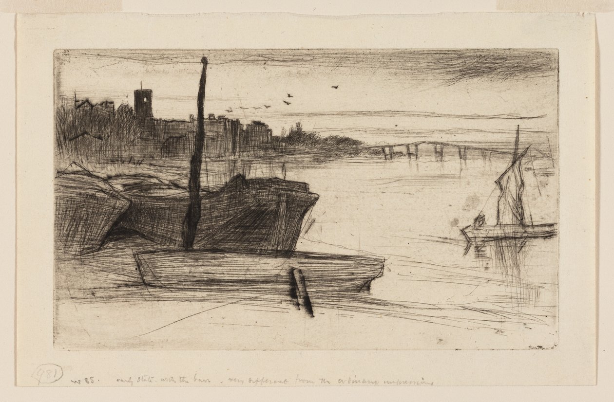 Chelsea Bridge og kirke af James Abbott McNeill Whistler