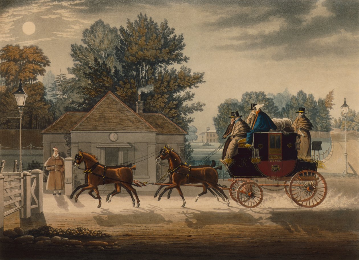 Mail Coach af Moonlight (farvet gravering) af James Pollard