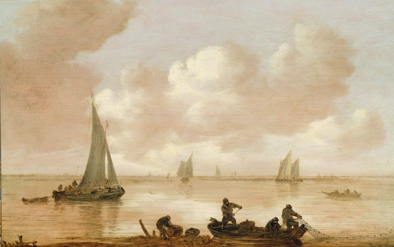 En flodmunding med fisker, der trækker deres net (olie) ind af Jan Josephsz van Goyen