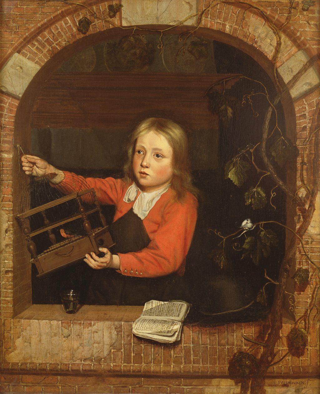 Ung dreng med et fuglebur (panel) af Jan Adriaensz van Staveren