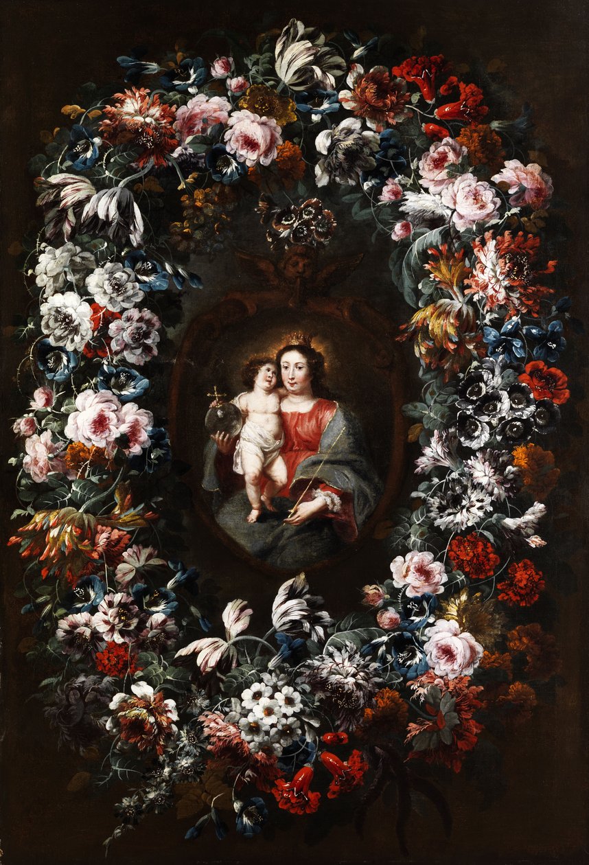 Jomfru med barn i en stor blomsterkrans af Jan Baptist Morel