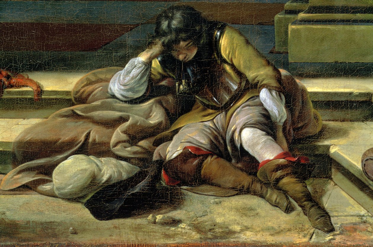 Italiensk havnescene, detalje af en sovende soldat af Jan Baptist Weenix