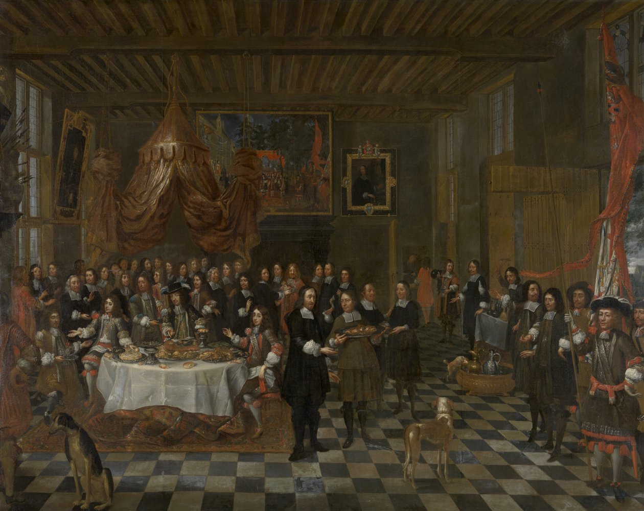 Bruges Guild of Saint Barbara tilbyder en banket til den engelske kong Charles II og hans to brødre i lauget Modtagelse af Charles II og hans brødre i Guild of Saint Barbara i Brugge af Jan Baptist van Meunincxhove